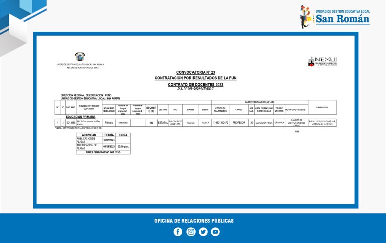 CONVOCATORIA N 23 CONTRATACION POR RESULTADOS DE LA PUN CONTRATO DE