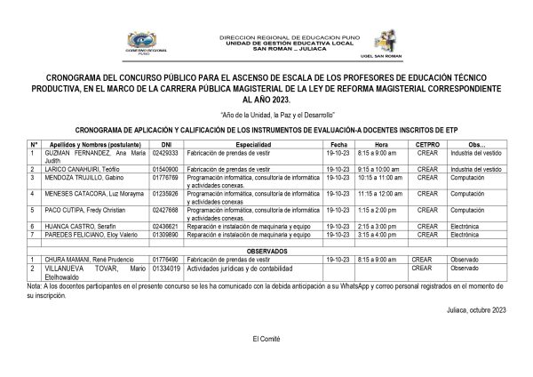 CRONOGRAMA DEL CONCURSO PÚBLICO PARA EL ASCENSO DE ESCALA DE LOS