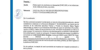 REITERA REGISTRO DE ESTUDIANTES CON DISCAPACIDAD (R-NEE 2023), EN LAS INSTITUCIONES DE LOS NIVELES DE PRIMARIA Y SECUNDARIA
