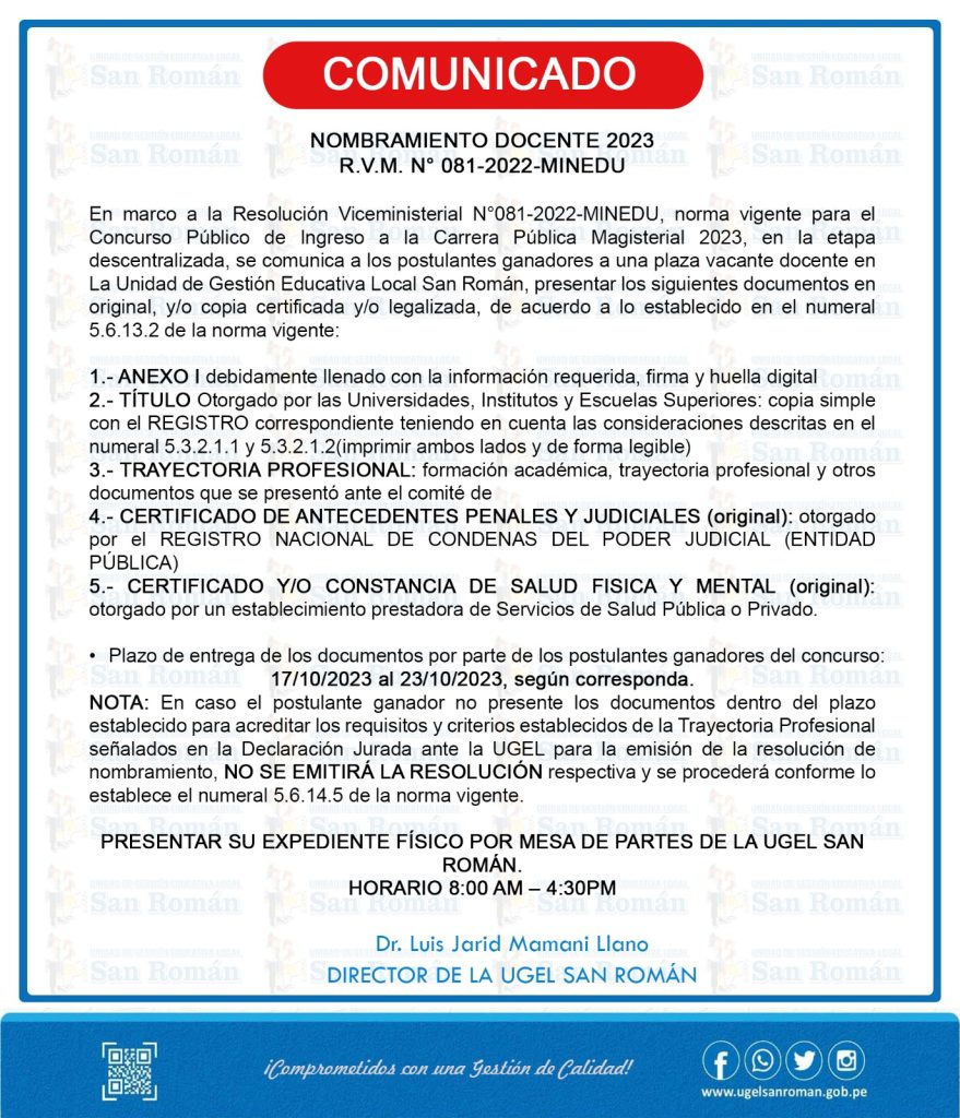 COMUNICADO NOMBRAMIENTO DOCENTE 2023 R.V.M. N° 081-2022-MINEDU – UGEL ...